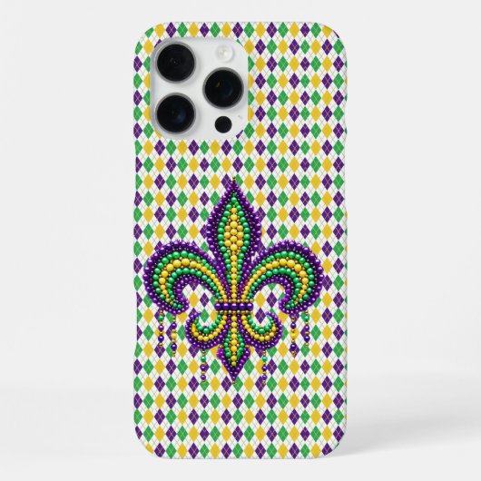 Coque iPhone 16 Pro Max Fleur de lis Mardi Gras vert jaune violet (Verso)