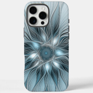 Coque iPhone 16 Pro Max Fleur joyeuse abstraite florale fractale bleu gris