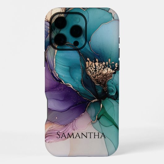 Coque iPhone 16 Pro Max Fleur Turquoise Violette Or (Verso)
