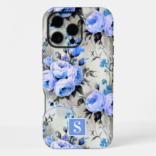Coque iPhone 16 Pro Max Fleurs à monogramme bleu et pérvinca (Verso)