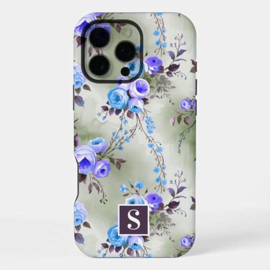 Coque iPhone 16 Pro Max Fleurs à monogramme bleu et violet (Verso)