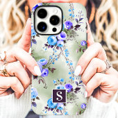 Coque iPhone 16 Pro Max Fleurs à monogramme bleu et violet