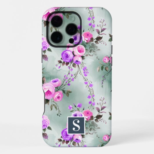 Coque iPhone 16 Pro Max Fleurs à monogramme rose et violet (Verso)