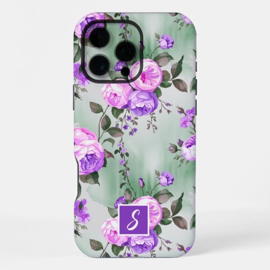 Coque iPhone 16 Pro Max Fleurs à monogramme violet et lavande (Verso)