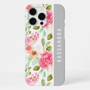Coque iPhone 16 Pro Max Fleurs botaniques aquarelle rose Nom personnalisé