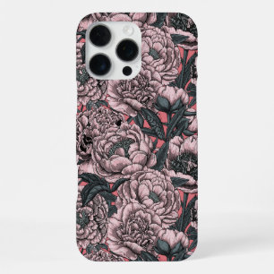 Coque iPhone 16 Pro Max Fleurs de pivoine roses et papillons de nuit