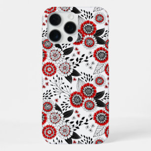 Coque iPhone 16 Pro Max Fleurs et feuilles de doodle en rouge et noir