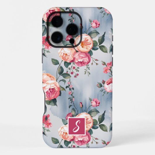 Coque iPhone 16 Pro Max Fleurs monogrammes roses et pêche (Verso)