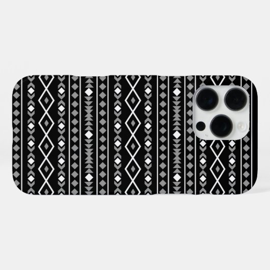 Coque iPhone 16 Pro Max Formes aztèques Motif blanc gris noir (Verso Horizontal)