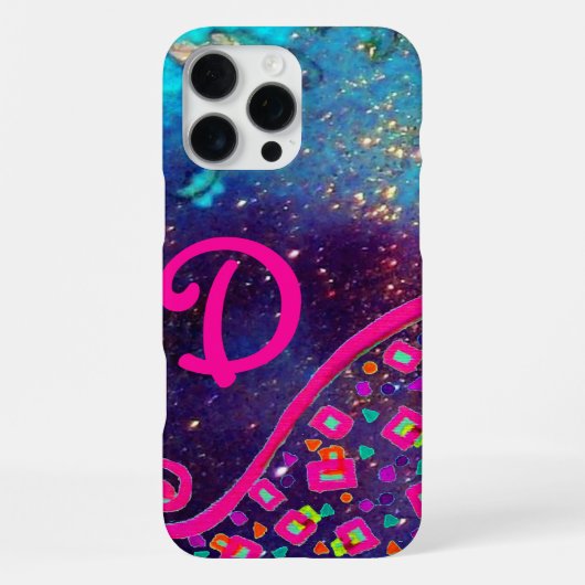 COQUE iPhone 16 PRO MAX FUCHSIE ROSE TURQUOISE BLEU ABSTRAIT DÉCO MONOGRAM (Verso)