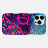 COQUE iPhone 16 PRO MAX FUCHSIE ROSE TURQUOISE BLEU ABSTRAIT DÉCO MONOGRAM (Verso Horizontal)