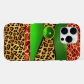 COQUE iPhone 16 PRO MAX GIRAFFE IMPRIMÉE PEAU DE LÉOPARD VERT ÉMERAUDE (Verso Horizontal)