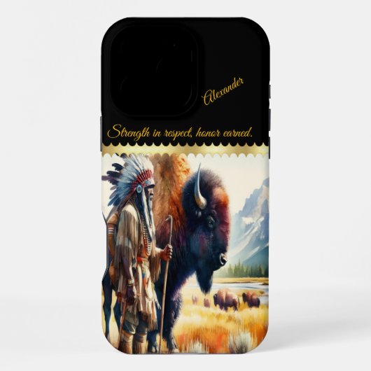 Coque iPhone 16 Pro Max Guerrier avec bison. (Verso)