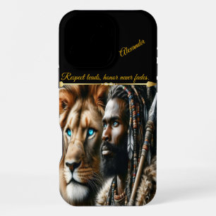 Coque iPhone 16 Pro Max Guerrier royal avec compagnon lion.