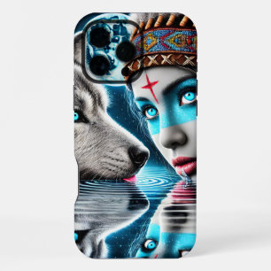 Coque iPhone 16 Pro Max Guerrière indienne native et réflexions de loup