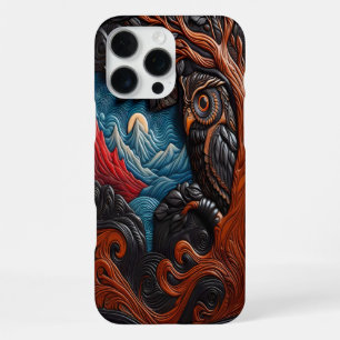 Coque iPhone 16 Pro Max Hibou coloré et montagnes sous un ciel vif
