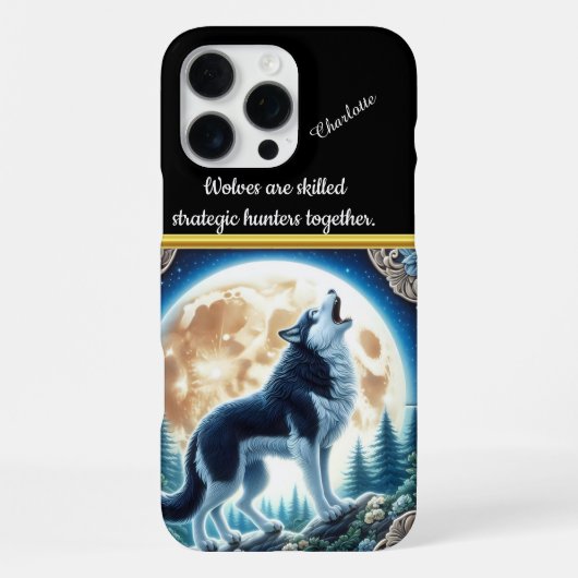 Coque iPhone 16 Pro Max Howling Wolf dans une forêt lune (Verso)