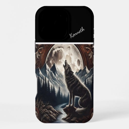 Coque iPhone 16 Pro Max Hurlement de loup au clair de lune (Verso)