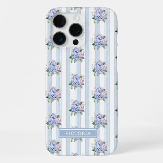 Coque iPhone 16 Pro Max Hydrangeas Bleues et Roses Monogrammées (Verso)