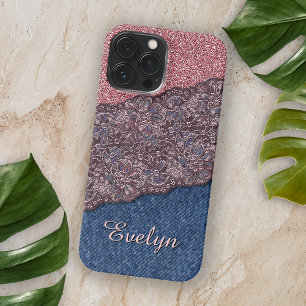 Coque iPhone 16 Pro Max Jean Bleu Denim Rose Gold Rose Pailleté