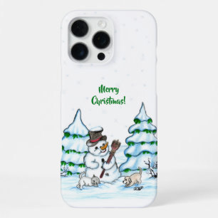Coque iPhone 16 Pro Max Joyeux Noël ! Bonhomme de neige avec chat et chiot
