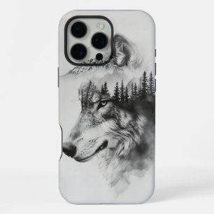 Coque iPhone 16 Pro Max La silhouette du loup se fond avec les montagnes
