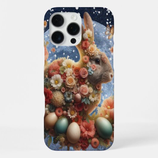 Coque iPhone 16 Pro Max Lapin de Pâques en fleurs (Verso)