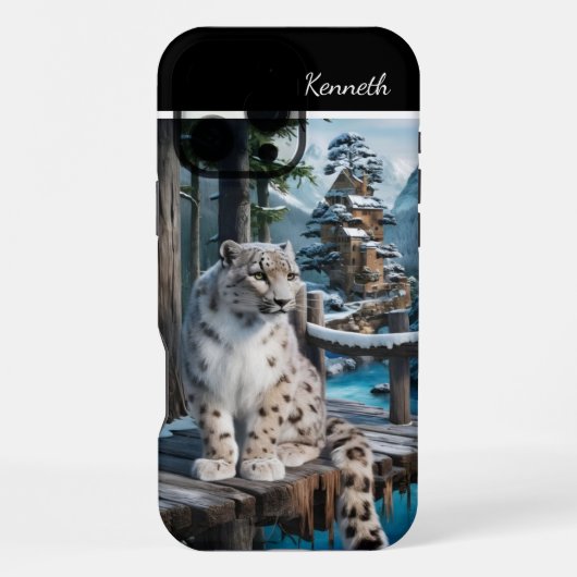 Coque iPhone 16 Pro Max Léopard des neiges sur le pont d'hiver (Verso)