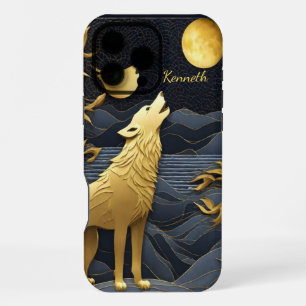 Coque iPhone 16 Pro Max Loup d'or hurlant sous la Pleine lune à la nuit