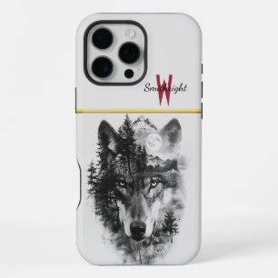 Coque iPhone 16 Pro Max Loup fusionne avec une scène de forêt au clair de