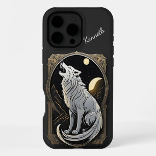 Coque iPhone 16 Pro Max Loup hurlant contre le ciel nocturne avec des plan