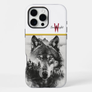 Coque iPhone 16 Pro Max Loup regarde à travers la forêt brumeuse