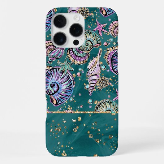 Coque iPhone 16 Pro Max Luxe Turquoise sous-marin | Coquillages d'or Green (Verso)