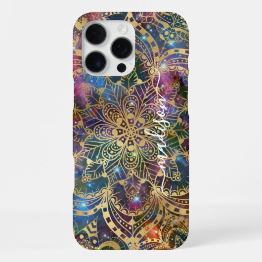 Coque iPhone 16 Pro Max Mandala en or moderne Nébuleuse bleue violette Nom (Verso)