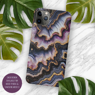 Coque iPhone 16 Pro Max Marbre noir bleu violet or motif