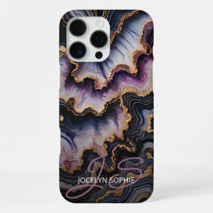 Coque iPhone 16 Pro Max Marbre Noir Bleu Violet Pourpre Or Motif Artistiqu