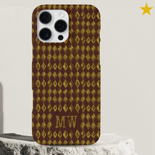 Coque iPhone 16 Pro Max Maroon Gold Doodle Diamond Pattern Custom Monogram