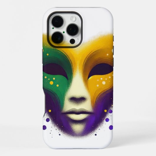 Coque iPhone 16 Pro Max Masque de Mardi Gras violet jaune vert (Verso)
