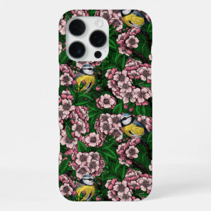 Coque iPhone 16 Pro Max Mésanges bleues dans le cerisier en fleurs sur fon