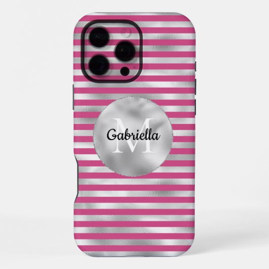 Coque iPhone 16 Pro Max Monogramme à rayures d'argent rose (Verso)