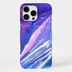 Coque iPhone 16 Pro Max Monogramme bleu opalescent violet strié iridescent