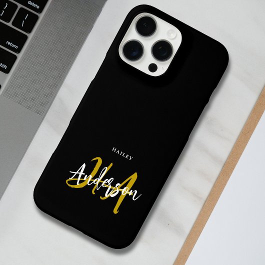 Coque iPhone 16 Pro Max Monogramme de script noir et or