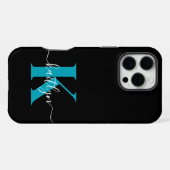Coque iPhone 16 Pro Max Monogramme de script sarcelle noir moderne (Verso Horizontal)