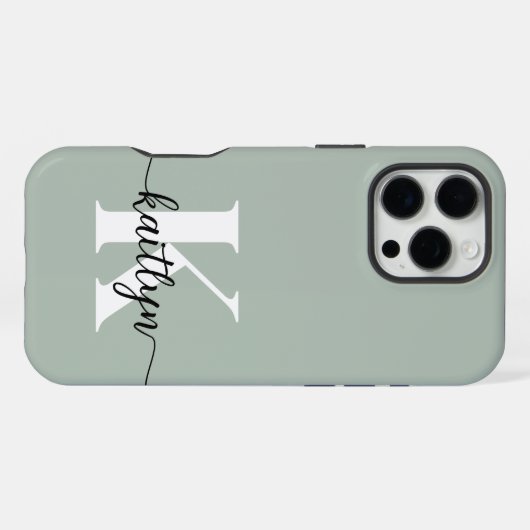 Coque iPhone 16 Pro Max Monogramme de script vert Sage (Verso Horizontal)