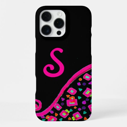 COQUE iPhone 16 PRO MAX MONOGRAMME DÉCO ABSTRAIT FUCHSIA ROSE NOIR (Verso)