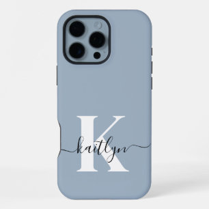 Coque iPhone 16 Pro Max Monogramme élégant en bleu poussiéreux écriture