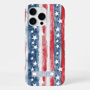Coque iPhone 16 Pro Max Monogramme Étoiles et Bandes Aquarelle Patriotique