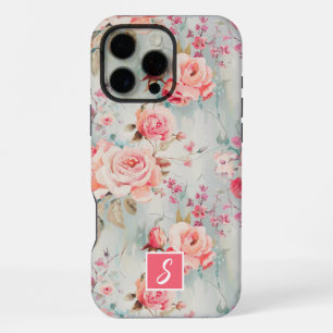 Coque iPhone 16 Pro Max Monogramme floral aquarelle rose et pêche