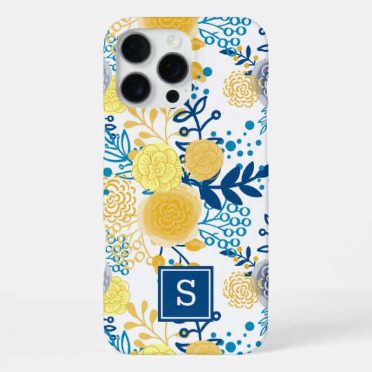 Coque iPhone 16 Pro Max Monogramme Initial Floral Jaune et Bleu (Verso)