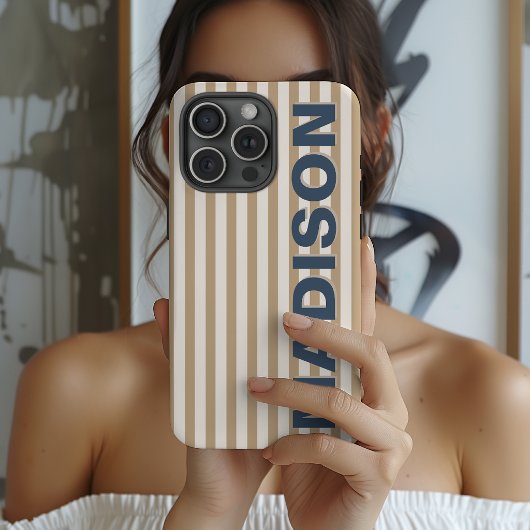 Coque iPhone 16 Pro Max Monogramme Moderne Camel Rayé Nom de la Mariée